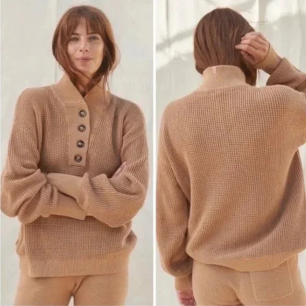 Lunya‎ Womens XS/S Cozy Cotton Silk Henley Sweater Tan Camel Brown Loungewear